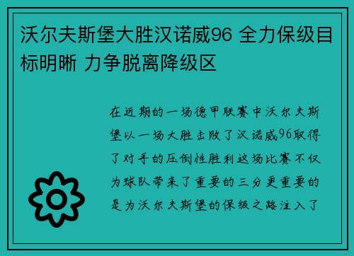 沃尔夫斯堡大胜汉诺威96 全力保级目标明晰 力争脱离降级区