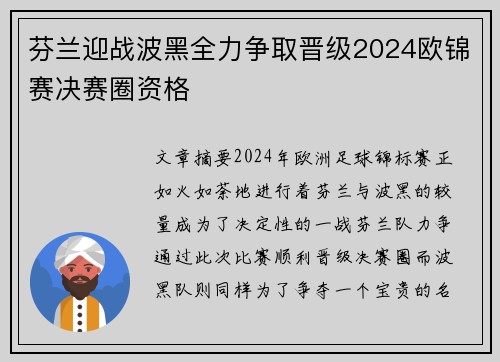 芬兰迎战波黑全力争取晋级2024欧锦赛决赛圈资格