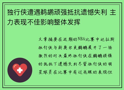 独行侠遭遇鹈鹕顽强抵抗遗憾失利 主力表现不佳影响整体发挥