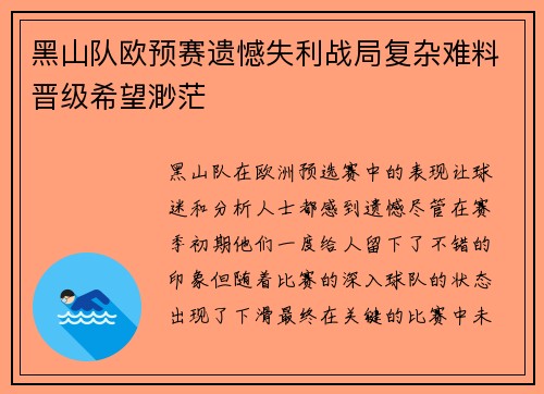 黑山队欧预赛遗憾失利战局复杂难料晋级希望渺茫